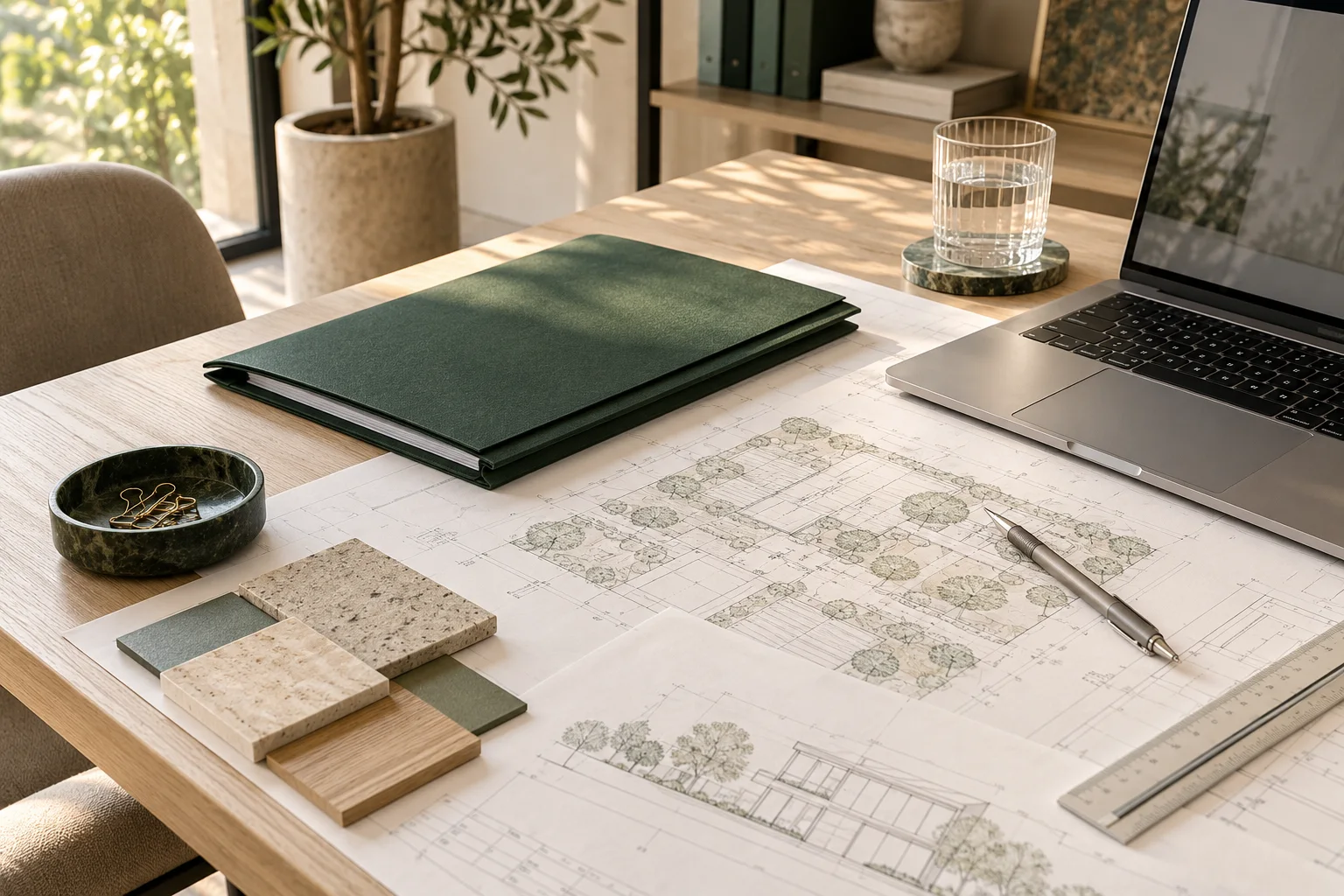 Mesa técnica con planos, carpeta de proyectos y portátil